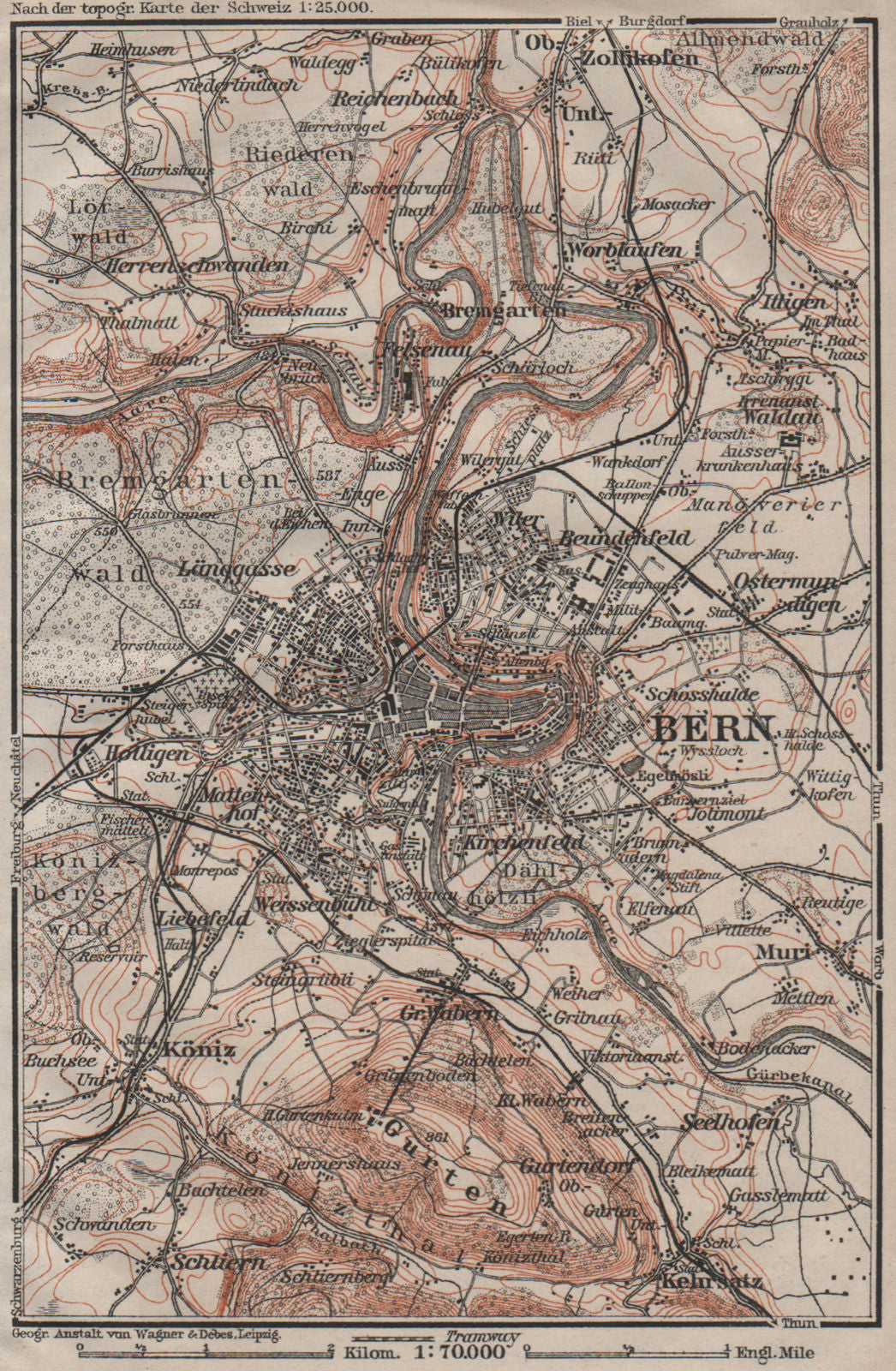 BERN BERNE ENVIRONS. Switzerland Suisse Schweiz carte karte. BAEDEKER 1911 map
